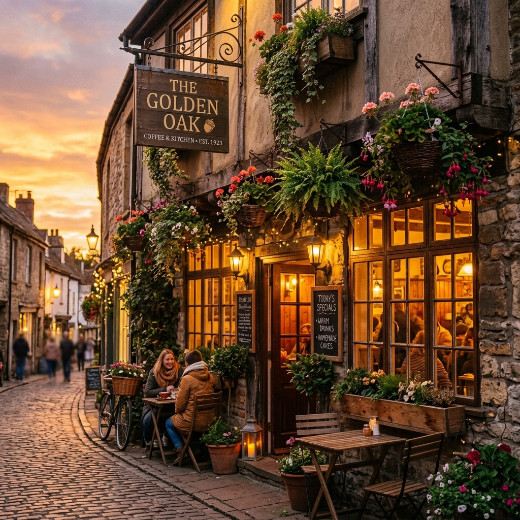 Ember & Oak Café exterior at golden hour