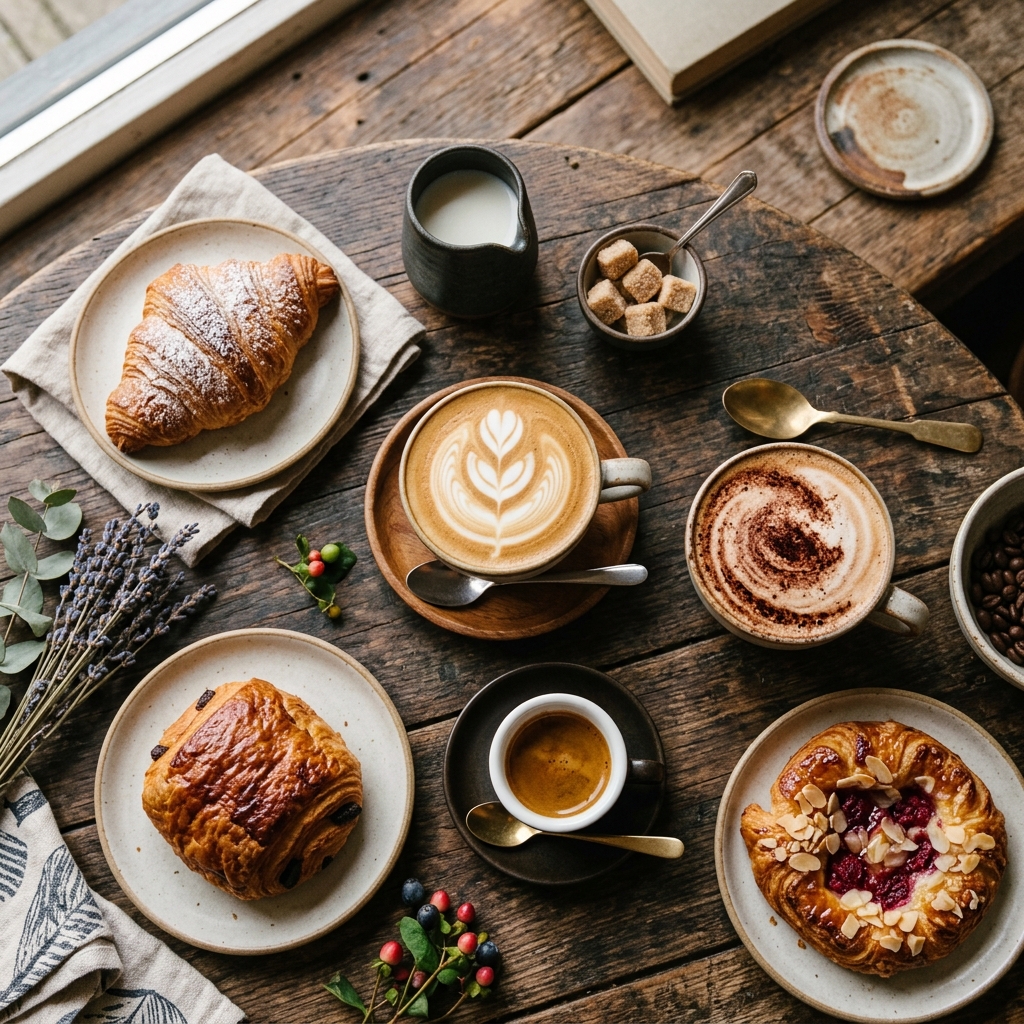 Coffee and pastries spread